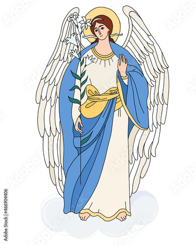 Heavenly messenger - Archangel Gabriel with lily. Vector illustration. Religious concept for Catholic and Orthodox communities. Angel of Revelation, St. Archangels Gabriel of and Annunciation photo