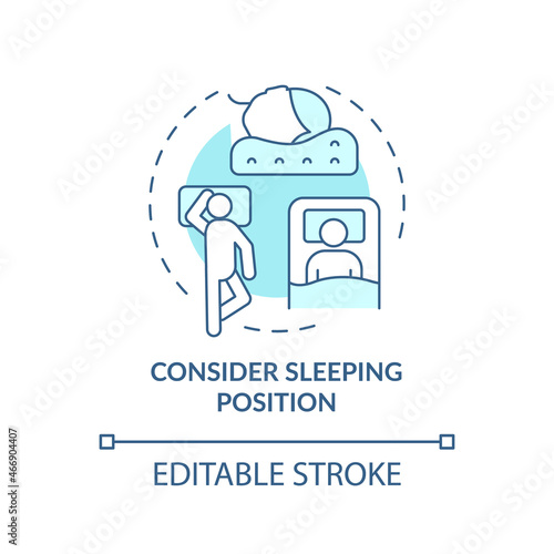Consider sleeping position blue concept icon. Choosing mattress abstract idea thin line illustration. Spine health. Comfortable bed. Vector isolated outline color drawing. Editable stroke