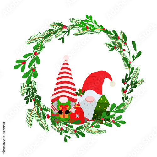 Merry Christmas round wreath with gnomes holding holiday elements. Green twigs with red berries. Vector illustration. Isolated on white background. Greeting card template.