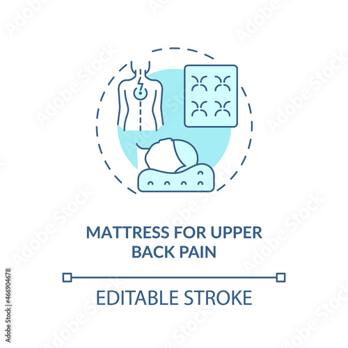 Mattress for upper back pain blue concept icon. Neck ache reducing abstract idea thin line illustration. Orthopedic mattress and pillow. Vector isolated outline color drawing. Editable stroke