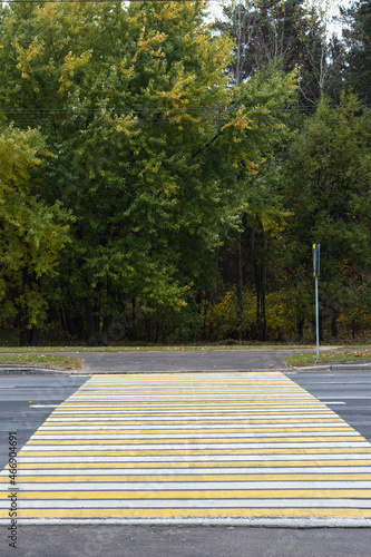 Yellow - white pedestrian crossing across the carriageway