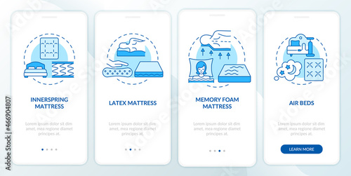 Common mattress types blue onboarding mobile app page screen. Comfortable bedding walkthrough 4 steps graphic instructions with concepts. UI, UX, GUI vector template with linear color illustrations
