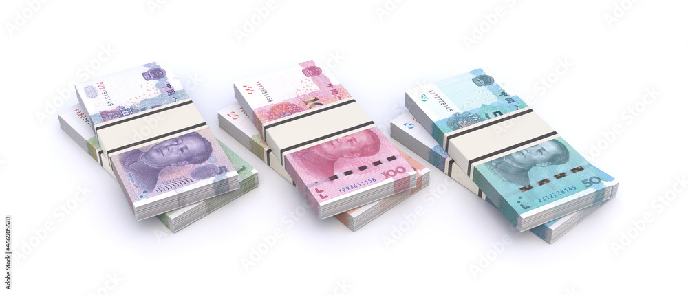 Fototapeta premium Chinese Yuan renminbi banknotes isolated on white background. China economy concept. 3d illustration