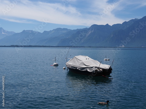 Covered luxury motorboat on Lake Geneva at Montreux city, Switzerland