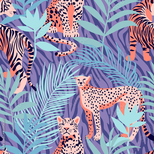 Seamless pattern with African animals. Leopard and tiger around exotic tropical leaves on decorative zebra striped skin background. Wildlife jungle background in trendy flat style.