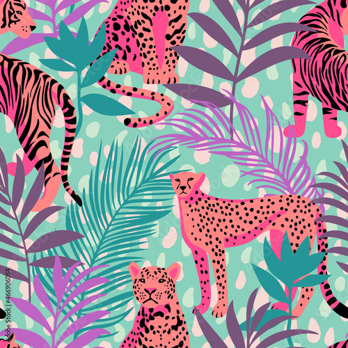 Seamless pattern with African animals. Leopard and tiger around exotic tropical leaves. Abstract dotted background. Wildlife jungle background in trendy flat style.