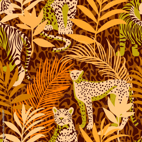 Bright colorful tropical seamless pattern with exotic animals. Leopard and tiger with abstract fantasy flowers and plants. Nature jungle pattern. Vintage classic style.
