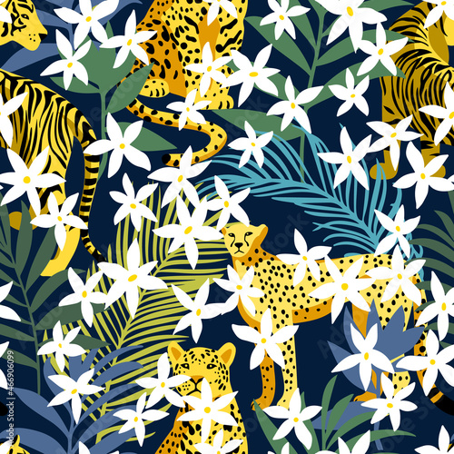 Seamless pattern with African animals. Leopard and tiger around exotic tropical leaves mixed with daisy flowers. Wildlife jungle background in trendy flat style.