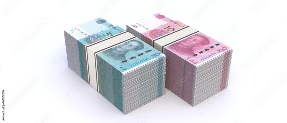 Chinese Yuan renminbi banknotes isolated on white background. China economy concept. 3d illustration Chinese Yuan renminbi banknotes isolated on white background. China economy concept. 3d illustration