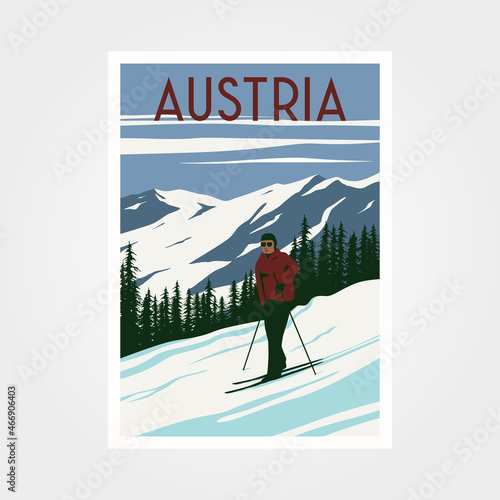 austria ski resort vintage poster travel illustration design