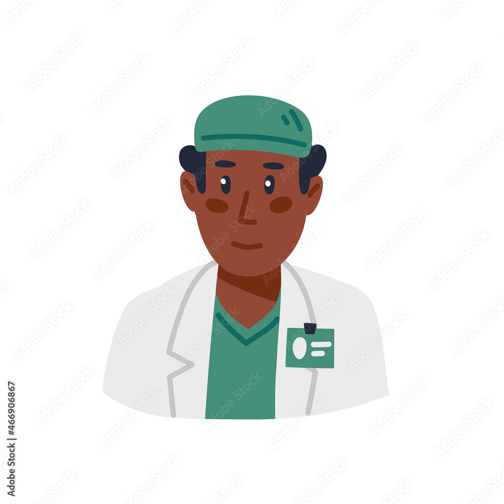 Doctor, african american male doctor portrait in a green uniform. Flat style cartoon Vector illustration. Doctor, african american male doctor portrait in a green uniform. Flat style cartoon Vector illustration.