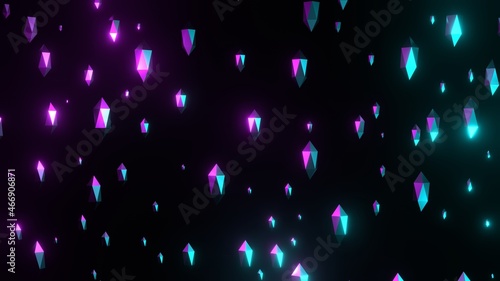 Diamonds falling in loop, crystal diamonds refracting rainbow reflections. Abstract minimal background