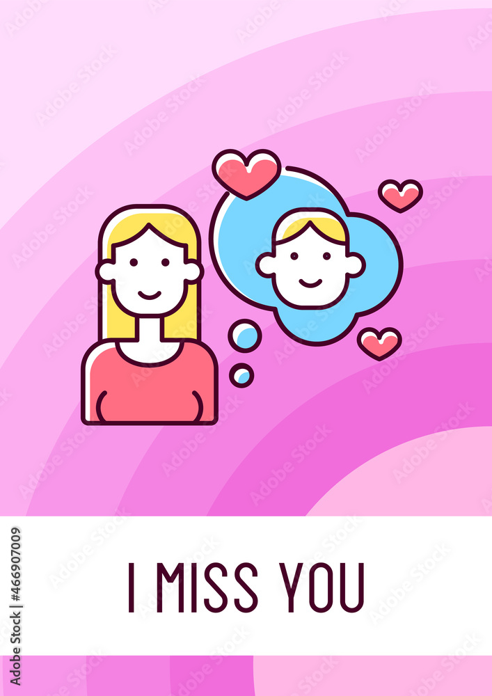 I miss you greeting card with color icon element. Postcard vector design. Thinking of romantic partner. Decorative flyer with creative illustration. Notecard with congratulatory message I miss you greeting card with color icon element. Postcard vector design. Thinking of romantic partner. Decorative flyer with creative illustration. Notecard with congratulatory message