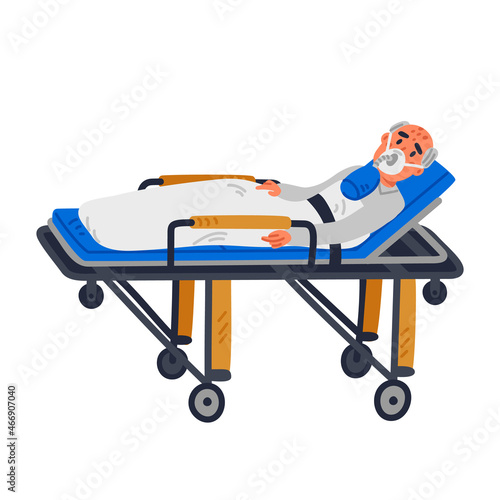ER help, an old patient lying on a stretcher in emergency room. Flat style cartoon Vector illustration.