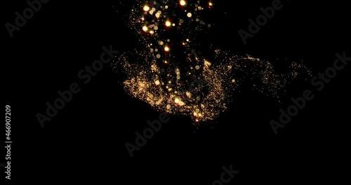 Gold particles flow or golden smoke background with glitter fragrance and shimmer glow. Golden particles and glitter spray effect with magic light flares