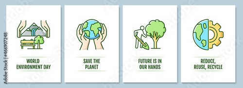World environment day greeting card with color icon element set. Save planet. Postcard vector design. Decorative flyer with creative illustration. Notecard with congratulatory message pack
