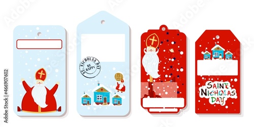 Bright festive paper price tags or gift tags of various shapes. Set of stickers for the day of St. Nicholas. St. Nicholas Day, Mikulas, Sinterklaas Eve. Gift tags