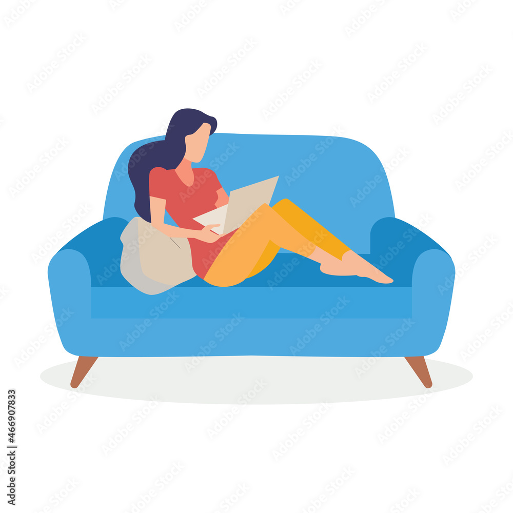 Fototapeta premium the woman is sitting on the couch reading a newspaper icon vector illustration design