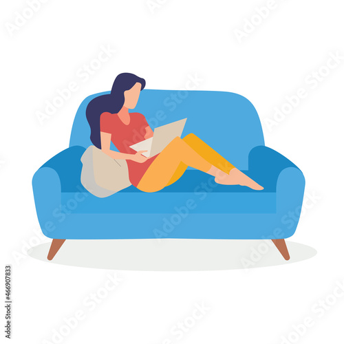 the woman is sitting on the couch reading a newspaper icon vector illustration design photo