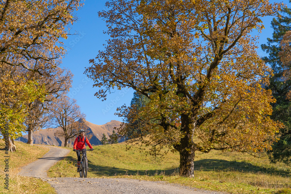 pretty woman riding her electric mountain bike in the mountains of Hinterstein Valley in the upper Allgaeu on warm autumn day, Bavaria, Germany