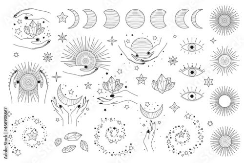 Magical space objects, planets, stars with female hands and faces vector illustration set. Collection of Mystical and Astrology objects. Mystical signs, silhouettes