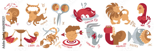Funny zodiac signs. Set of twelve humorous horoscope symbols. Flat style sketch vector illustration on white background