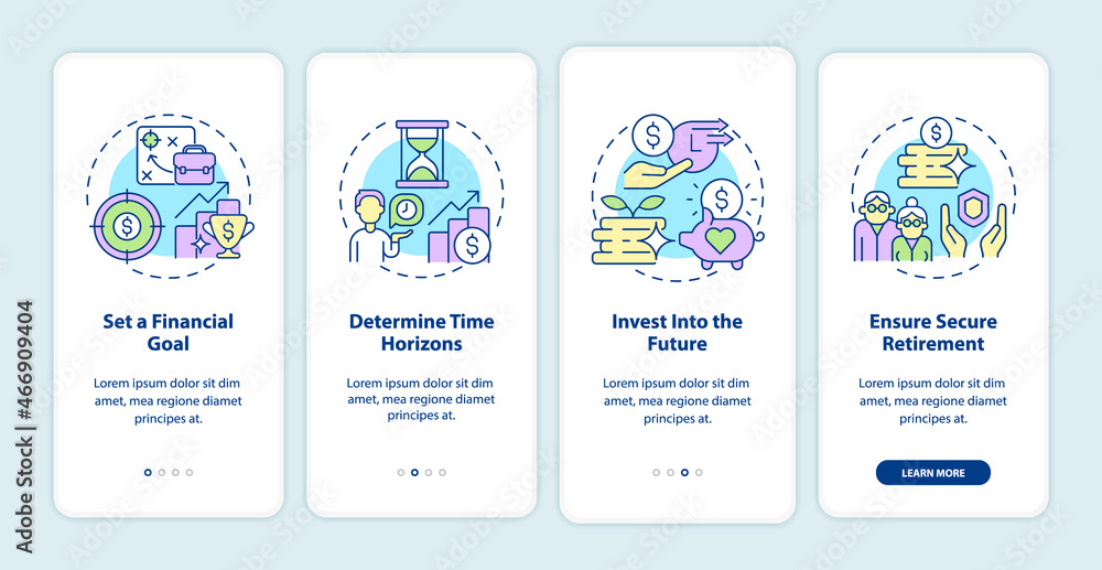 Retirement steps onboarding mobile app page screen. Plan and set financial goal walkthrough 4 steps graphic instructions with concepts. UI, UX, GUI vector template with linear color illustrations Retirement steps onboarding mobile app page screen. Plan and set financial goal walkthrough 4 steps graphic instructions with concepts. UI, UX, GUI vector template with linear color illustrations