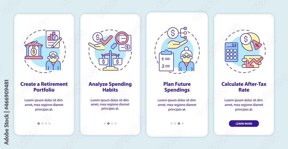 Saving money onboarding mobile app page screen. Analyze spending and money income walkthrough 4 steps graphic instructions with concepts. UI, UX, GUI vector template with linear color illustrations Saving money onboarding mobile app page screen. Analyze spending and money income walkthrough 4 steps graphic instructions with concepts. UI, UX, GUI vector template with linear color illustrations