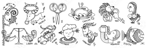 Funny zodiac signs. Comic set of twelve horoscope symbols. Line art sketch vector illustration on white background