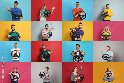 Foto Emotional people with steering wheels on different color backgrounds, collage