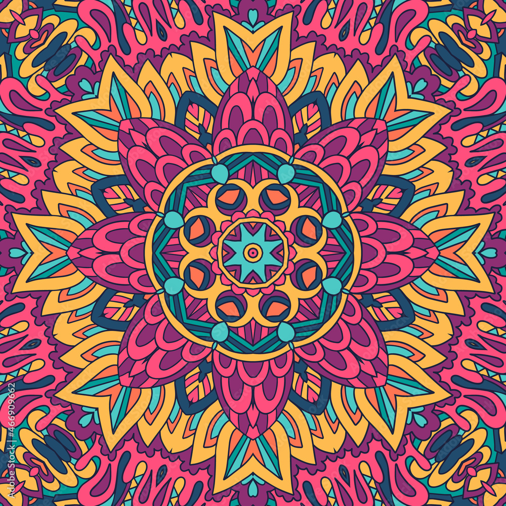 Vector seamless pattern ethnic boho art mandala. Doodle design with colorful ornament.