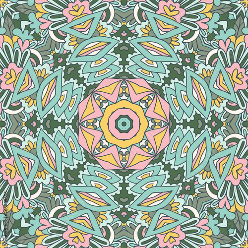 Vector seamless pattern ethnic boho art mandala pattern. design with muted colors ornament.