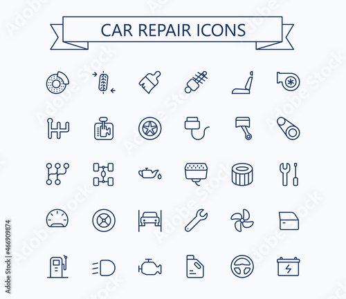 Car repair and services vector outline mini line icons set. 24x24 px. Pixel Perfect. Editable stroke.