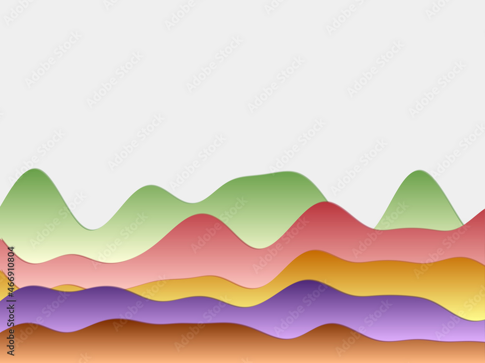 Abstract mountains background. Curved layers in multicolored colors. Papercut style hills. Amazing vector illustration.