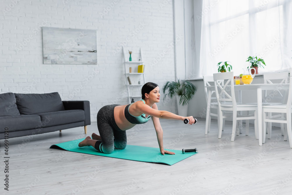 young pregnant woman exercising with dumbbell while standing on knees on fitness mat young pregnant woman exercising with dumbbell while standing on knees on fitness mat