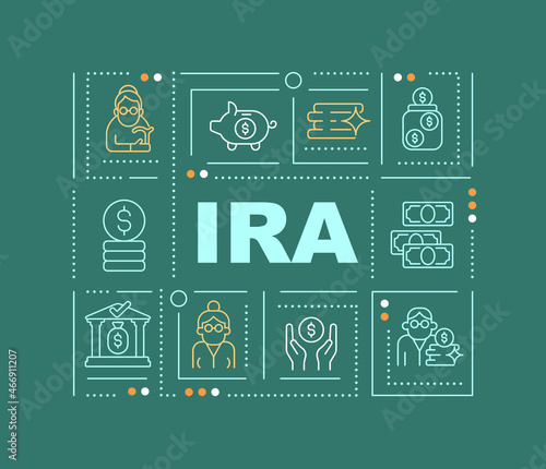 Individual retirement account word concepts banner. Saving account type. Infographics with linear icons on green background. Isolated creative typography. Vector outline color illustration with text