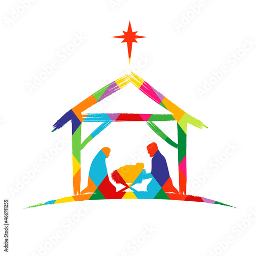 Nativity scene colored facet silhouette Jesus in manger and star. Christmas story Mary, Joseph and birth of baby Christ. Colorful stained glass vector illustration