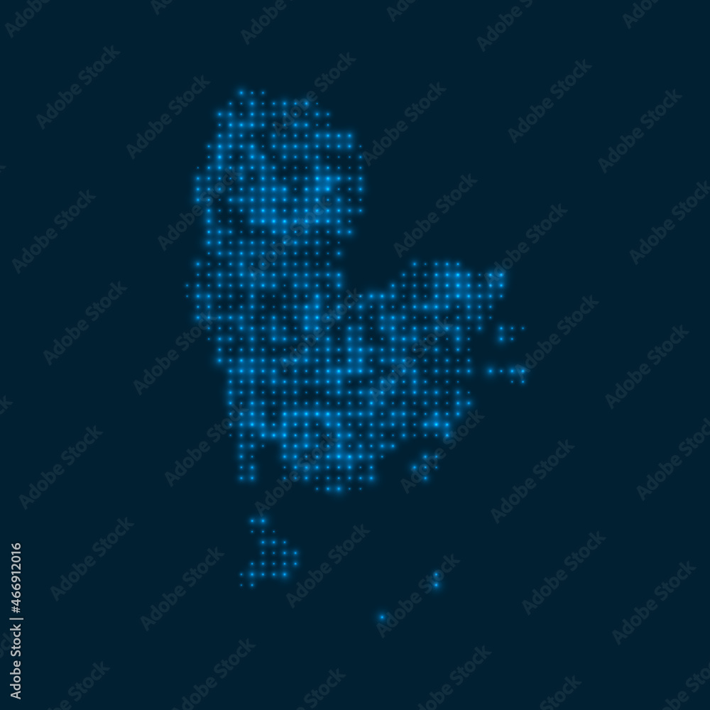 Redang Island dotted glowing map. Shape of the island with blue bright bulbs. Vector illustration.