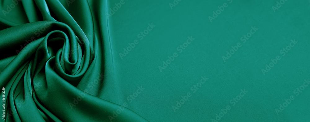 Green silk fabric as background, top view with space for text. Banner design - obrazy, fototapety, plakaty 