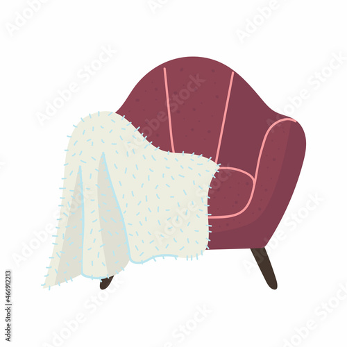 A cozy armchair and a warm blanket. Flat vector illustration.