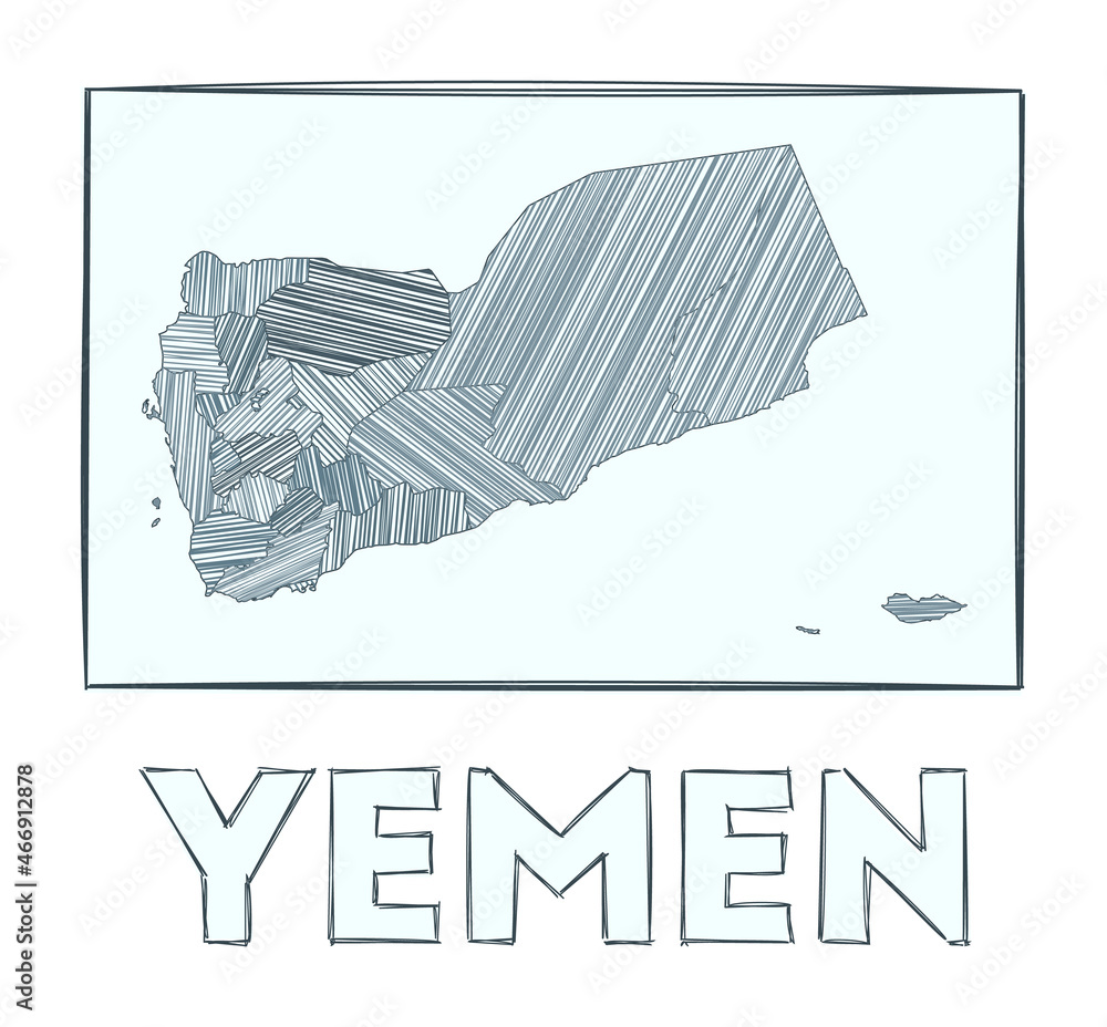 Sketch map of Yemen. Grayscale hand-drawn map of the country with filled regions and hachure stripes. Vector illustration. Sketch map of Yemen. Grayscale hand-drawn map of the country with filled regions and hachure stripes. Vector illustration.