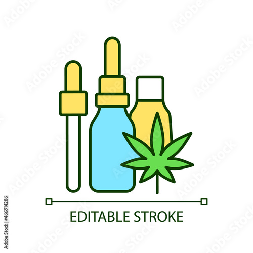 Hemp oil tincture RGB color icon. Marijuana extract. Medicinal cannabis. Concentrated liquid. Relief from anxiety. Isolated vector illustration. Simple filled line drawing. Editable stroke