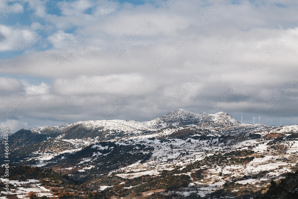 Winter mountain scenery. Top view from Mega Spileon Monastery. Popular winter travel destination in Kalavryta, Greece, Europe
