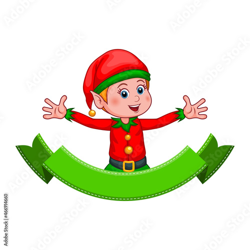 Christmas elf. Cute cartoon Santa Claus helper elf with vintage green ribbon for your text. Smiling little gnome in costume and cap isolated on white background. New Year and Christmas vector icon.