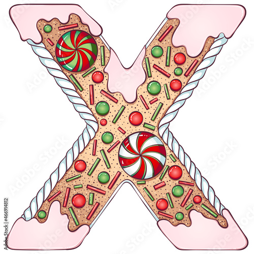 Letter X. Gingerbread Cookies in the form of letters x. Cartoon color vector font made in hand drawn line art style isolated on white background. Lettering logo template. Christmas or New Year concept