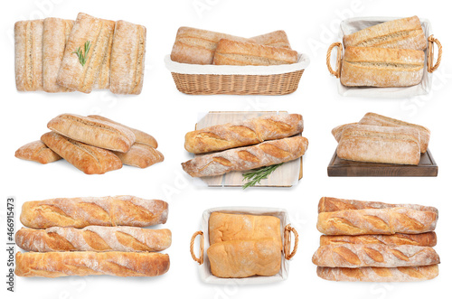 Set with fresh delicious ciabattas and baguettes on white background
