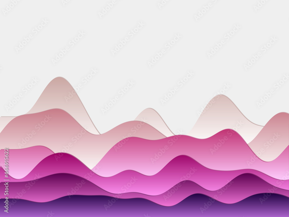 Fototapeta premium Abstract mountains background. Curved layers in red and purple colors. Papercut style hills. Creative vector illustration.