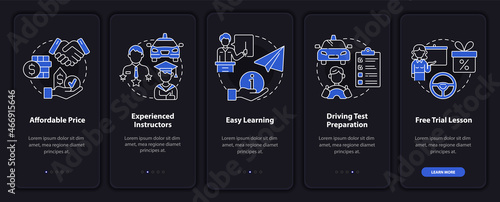Driving school benefits dark onboarding mobile app page screen. Walkthrough 5 steps graphic instructions with concepts. UI, UX, GUI vector template with linear night mode illustrations