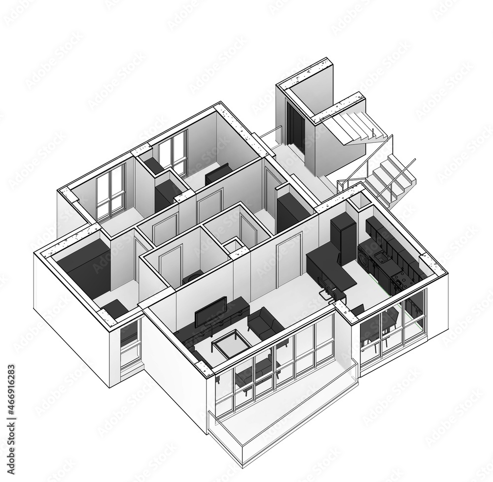 Abstract 3d illustration of a residential flat.  3d plan model of an open kitchen house planning with 3 bedrooms. Ambient shadowed perspective with white colored walls and dark grey colored furniture.
