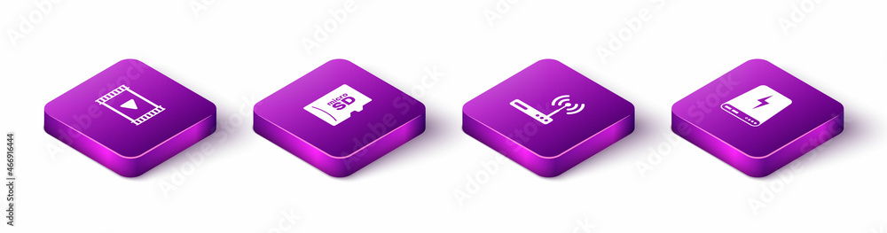 Set Isometric Play Video, Micro SD memory card, Router and wi-fi and Power bank icon. Vector Set Isometric Play Video, Micro SD memory card, Router and wi-fi and Power bank icon. Vector